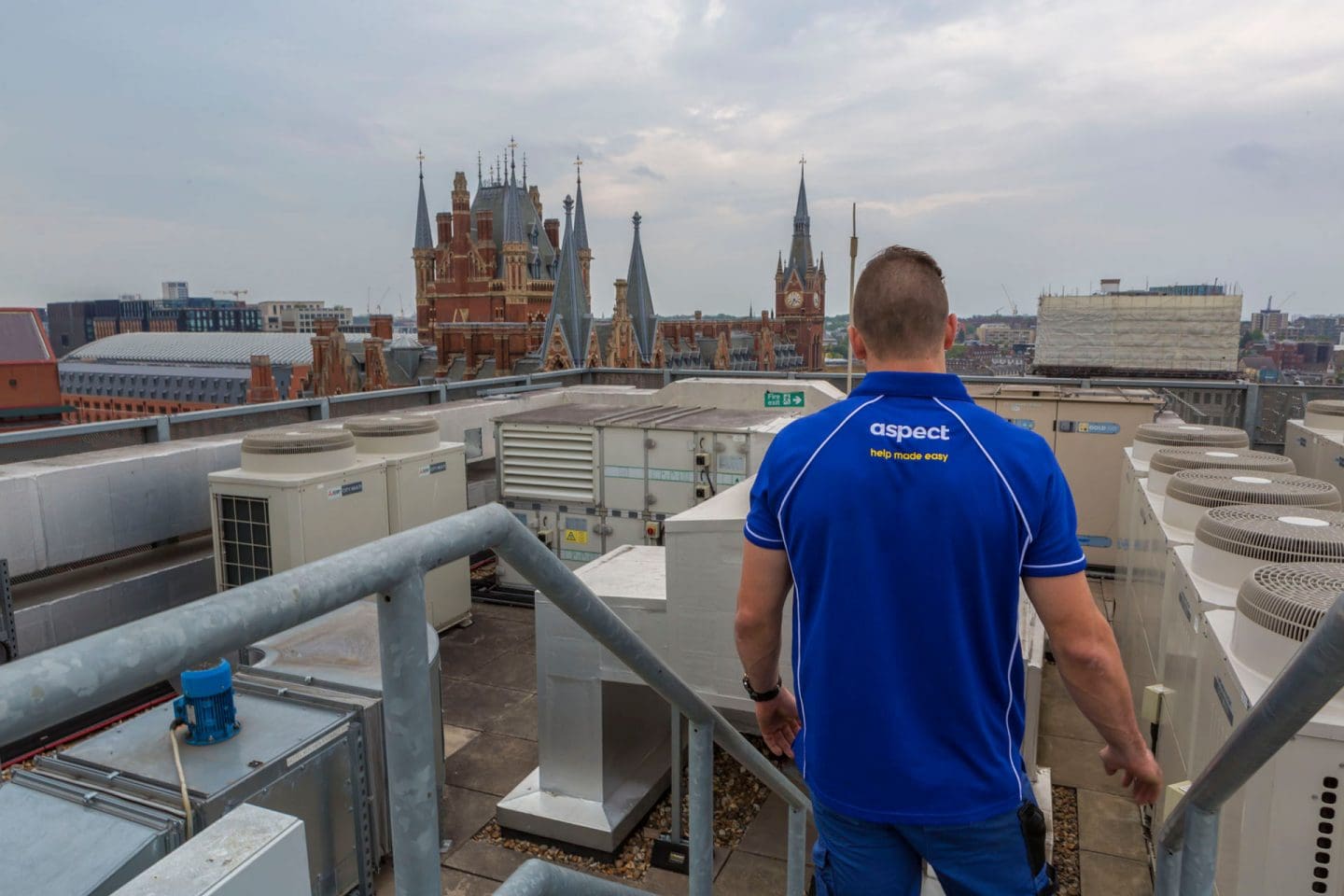 An Aspect air con engineer on the roof of a London hotel to service the air conditioning systems.