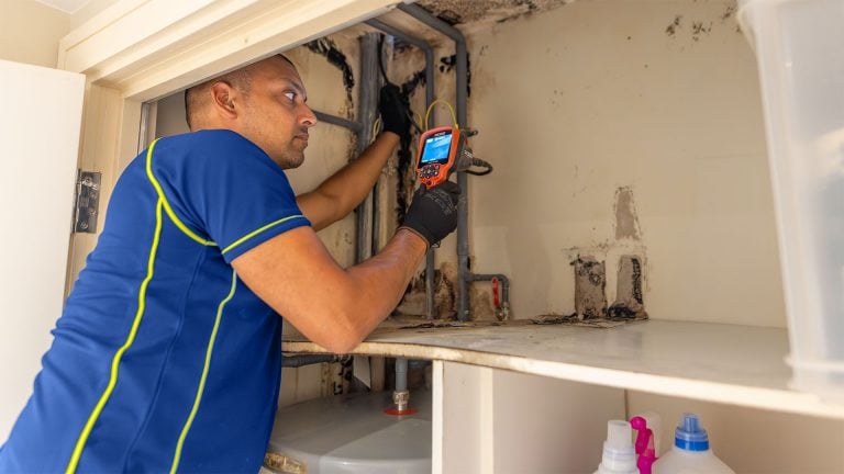 An Aspect trace and access specialist uses a borescope camera to inspect plumbing pipes inside a cupboard.