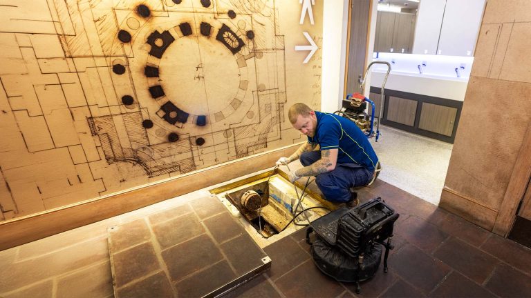 An Aspect drainage engineer clears a blocked drain in the basement of St Paul's Cathedral with a portable jetter.