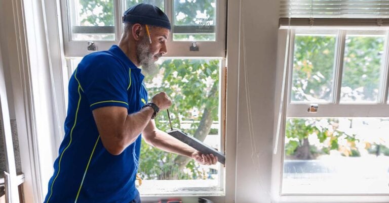An Aspect carpenter refitting one of the weights in a wooden sash window.