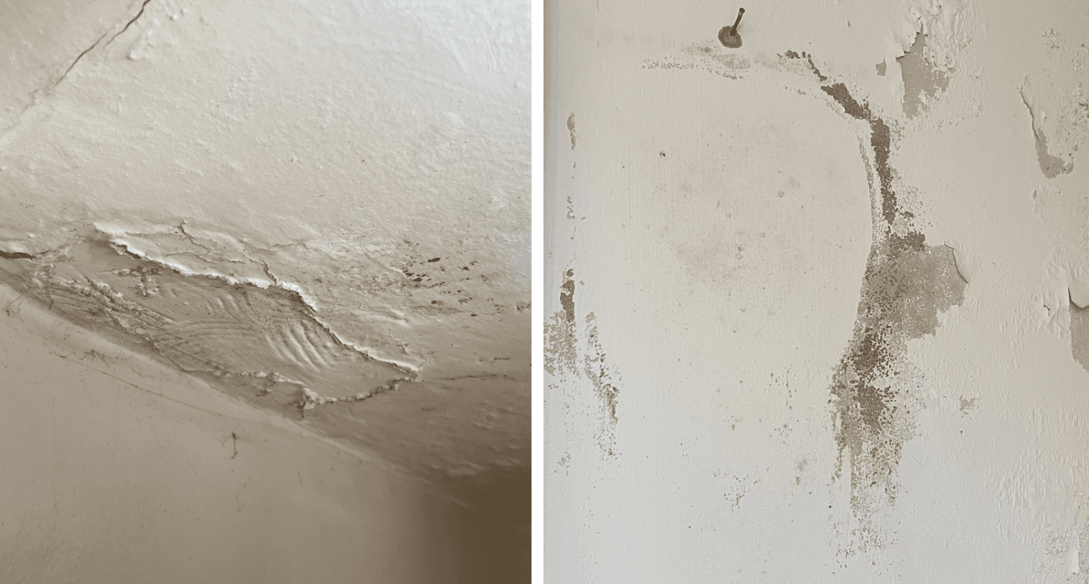 Water damage to walls and ceilings following a leak