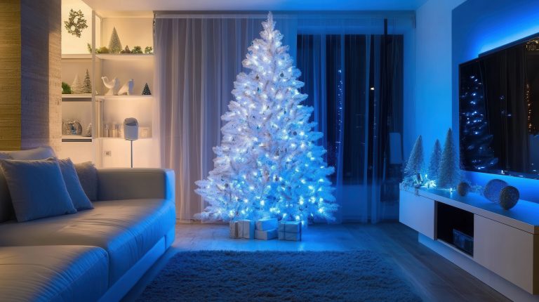 A Christmas tree in a residential property with yellow and blue lights.