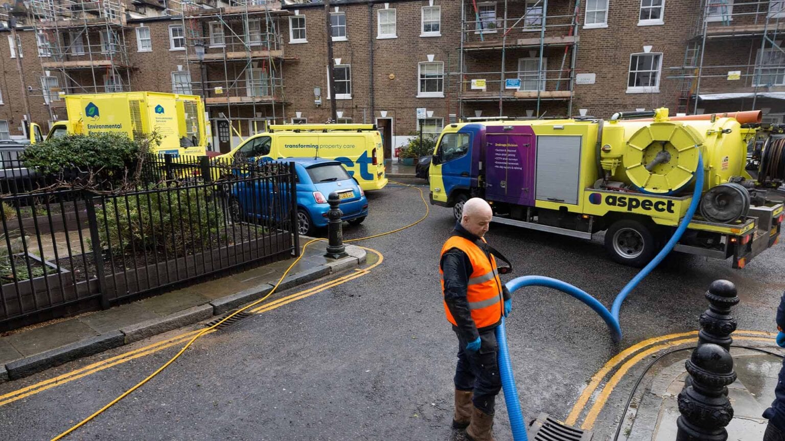 Floodwater being removed from a drainage system using an aSpect suction tanker following a burst water main event.