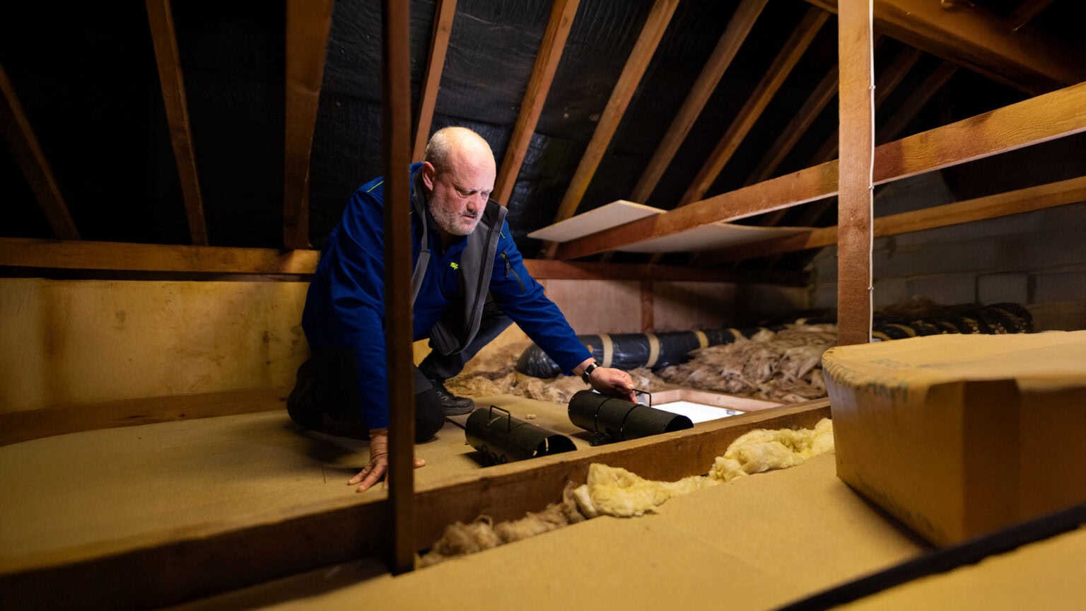 An Aspect pest controller sets traps in an attic to trap squirrels